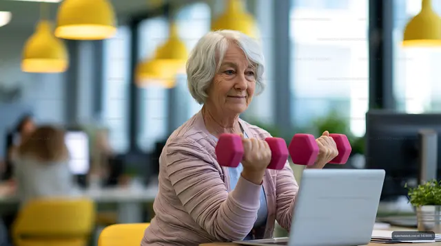 Senior woman exercising with dumbbells at a desk in an office space