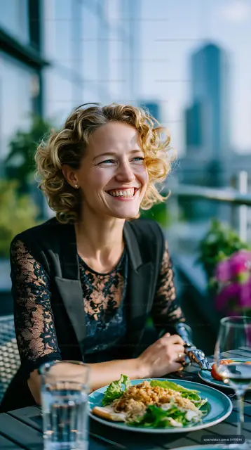 Woman enjoying meal on balcony with city view