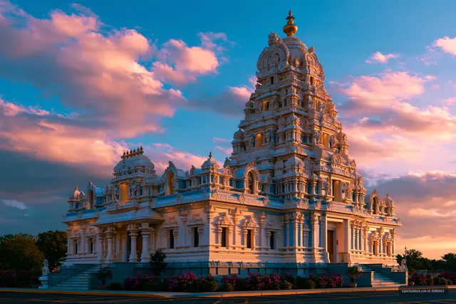Sunset over a Hindu temple with intricate architecture