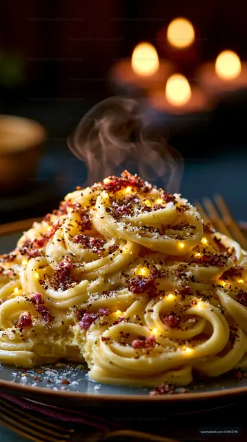 Steaming plate of pasta with cheese and spices in warm setting