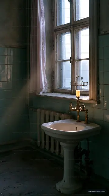 Old bathroom with a sink and window letting in sunlight