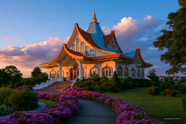 Beautiful temple with colorful flowers at sunset