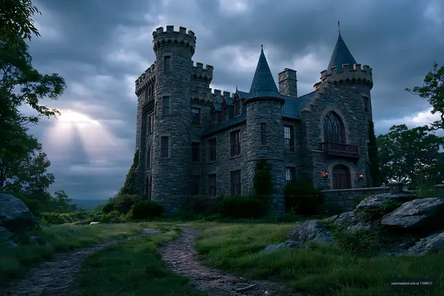 Stone castle surrounded by greenery in cloudy weather