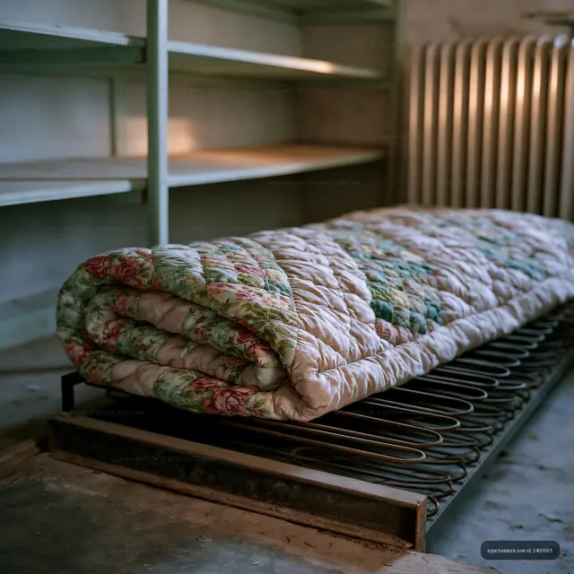 Old quilt resting on a metal bed frame in a simple room