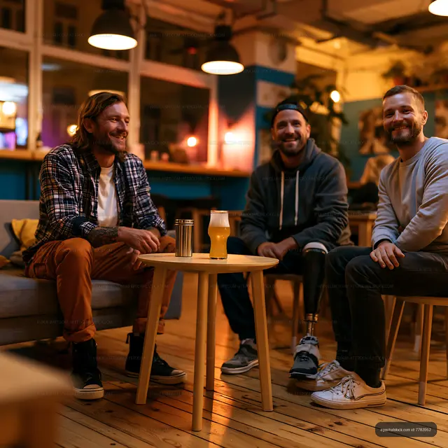 Friends enjoying drinks in a cozy cafe setting in the evening