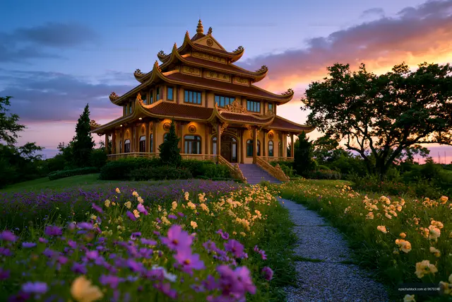 Golden temple surrounded by flowers at sunset