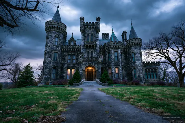 Gothic castle under cloudy sky with overgrown lawn