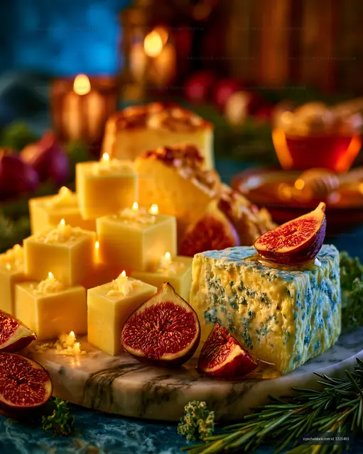 Cheese platter with figs and candles on a table