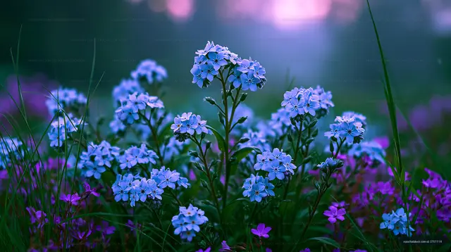 Colorful wildflowers bloom in a field during twilight
