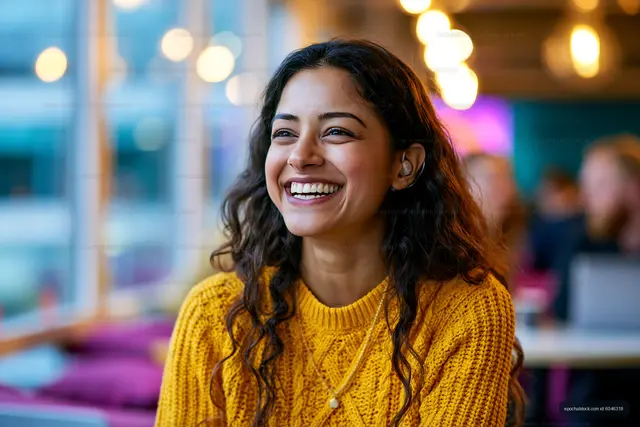 Woman smiling in a bright cafe with warm lighting