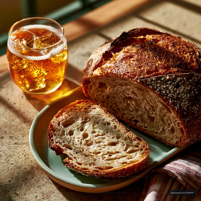 Sliced bread on a plate with a glass of drink