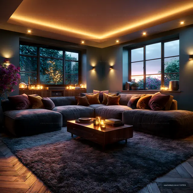 Cozy living room with soft lighting and window view at dusk