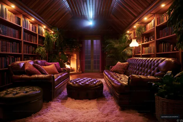 Cozy library with leather sofas and fireplace in warm lighting