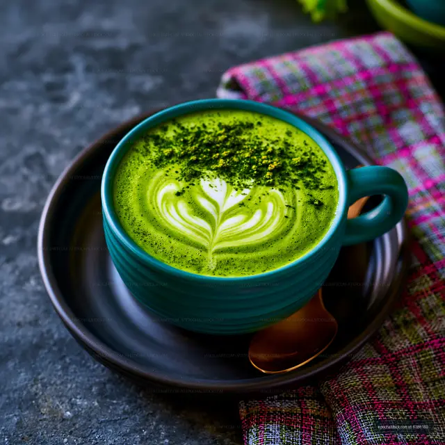 Matcha latte with latte art in a blue cup on a dark background