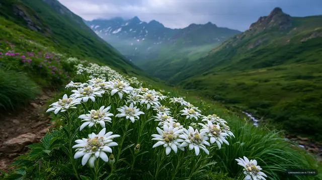 Flowers bloom in a mountain valley during the day