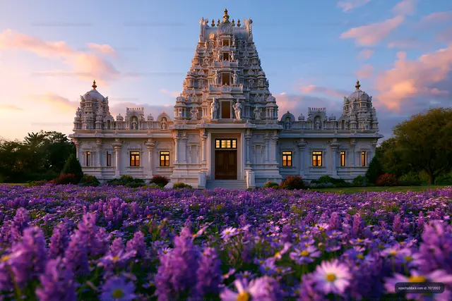 Historic temple surrounded by purple flowers at sunset