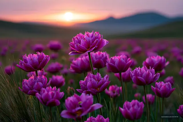 Vibrant purple flowers blooming at sunset in the mountains