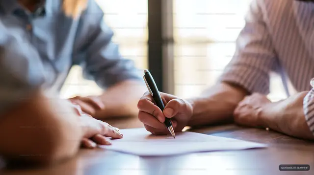 People signing documents at a desk in an office