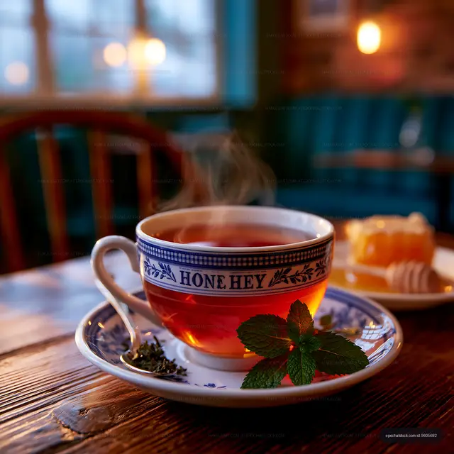Hot tea in a cup with mint leaves on a wooden table