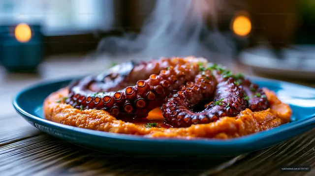 Octopus served on a plate with orange puree and herbs