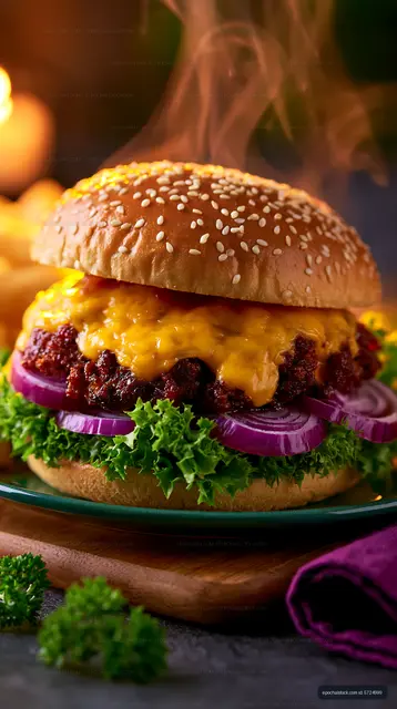 Fresh cheeseburger with vegetables on a plate