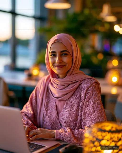 Woman in hijab working on laptop in a cafe during sunset