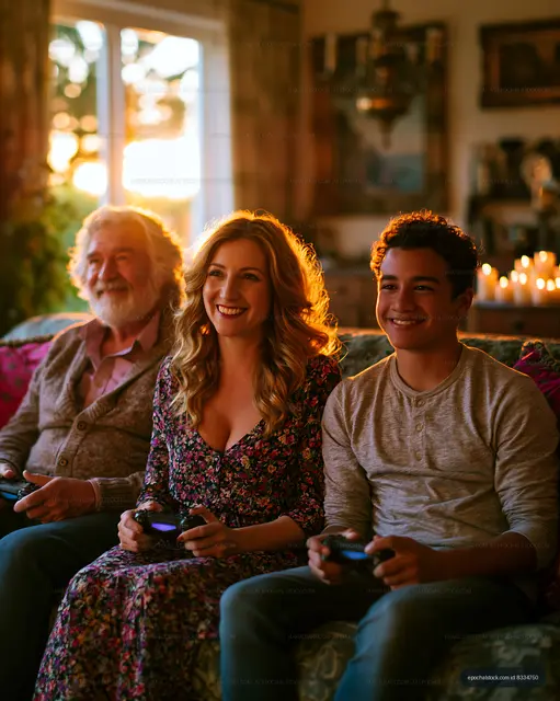Family enjoying video games together in living room at sunset