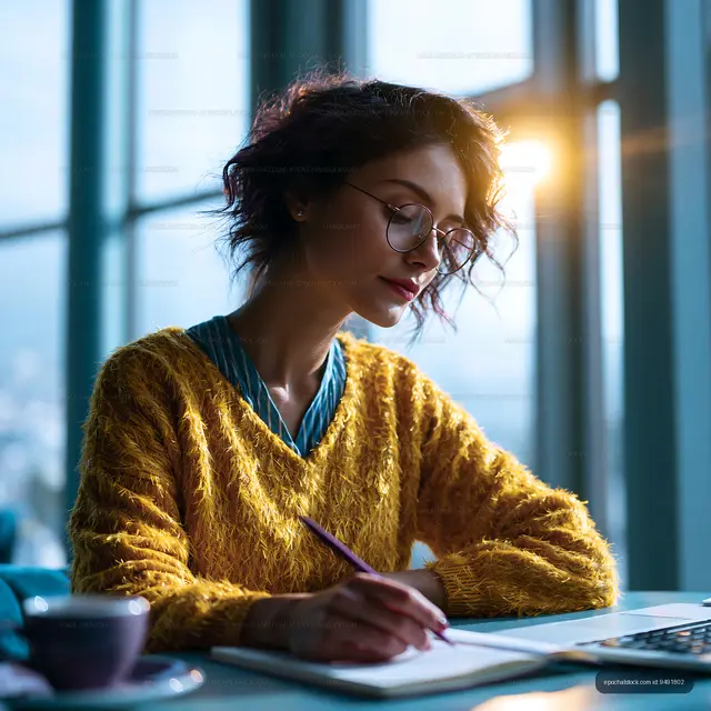 Woman writes in a notebook at a bright workspace with city view