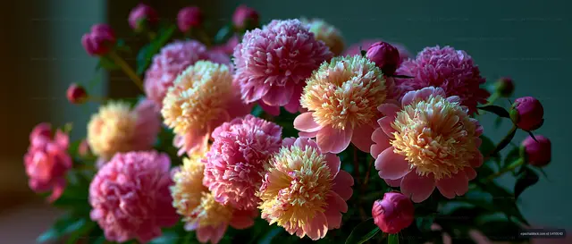 Bright peony flowers in a simple indoor setting