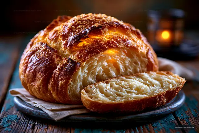 Golden brown croissant on a wooden table with soft lighting