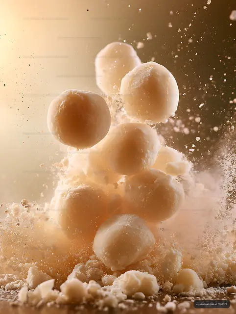 White balls of dough exploding with dust in a kitchen setting