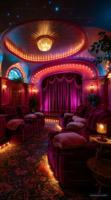 Home theater with purple lighting and plush seating
