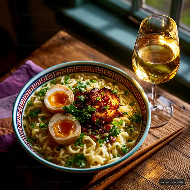 Delicious bowl of ramen with wine on wooden table