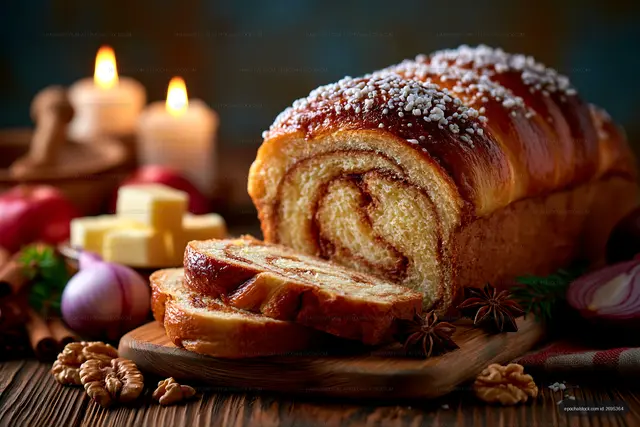 Freshly baked cinnamon roll bread on a wooden table