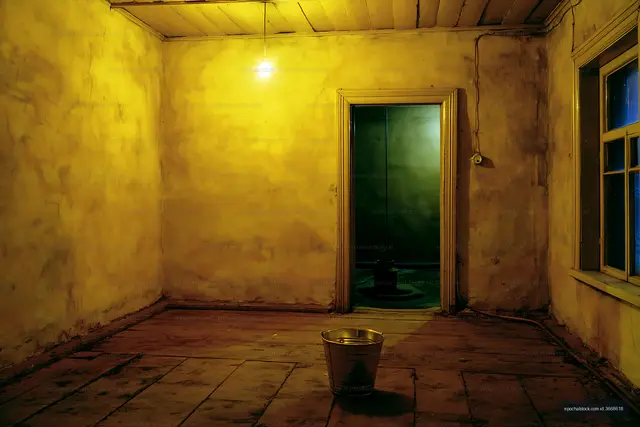 Empty room with yellow walls and a bucket in the center
