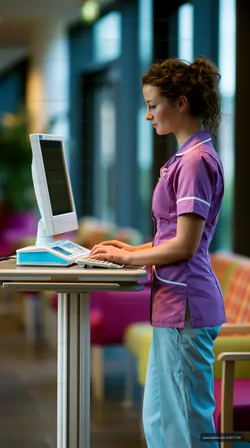 Nurse working at a computer in a healthcare facility
