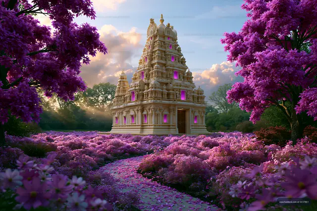 Colorful temple surrounded by blooming flowers in garden