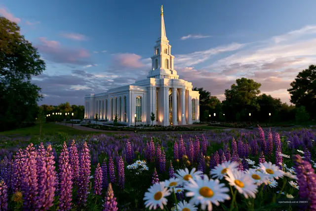Flowers in front of a large white building at sunset