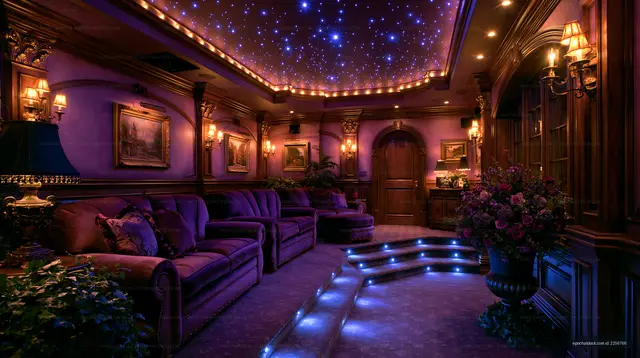 Cozy interior room with night sky ceiling and purple decor