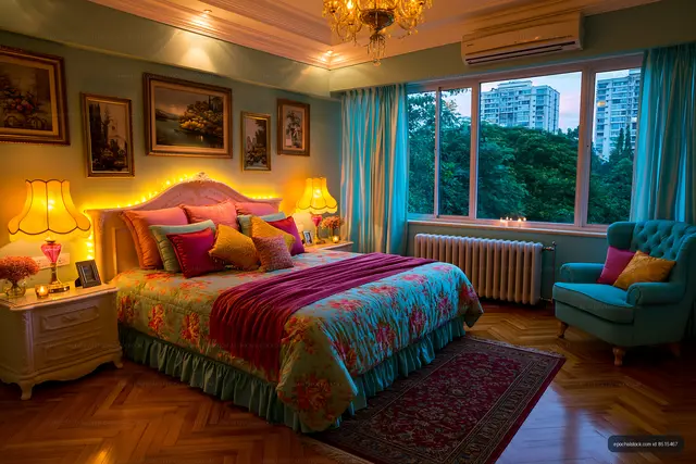 Cozy bedroom with warm lighting and city view