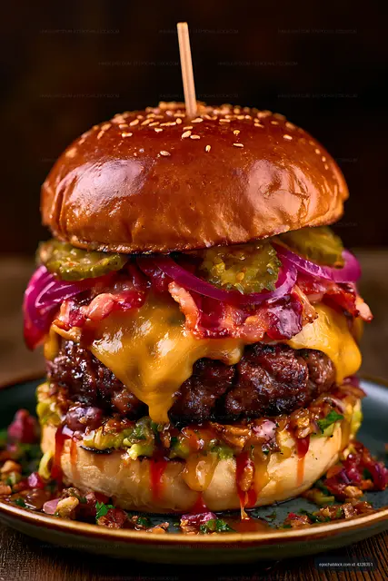 Juicy burger with cheese, bacon, and pickles on a sesame bun