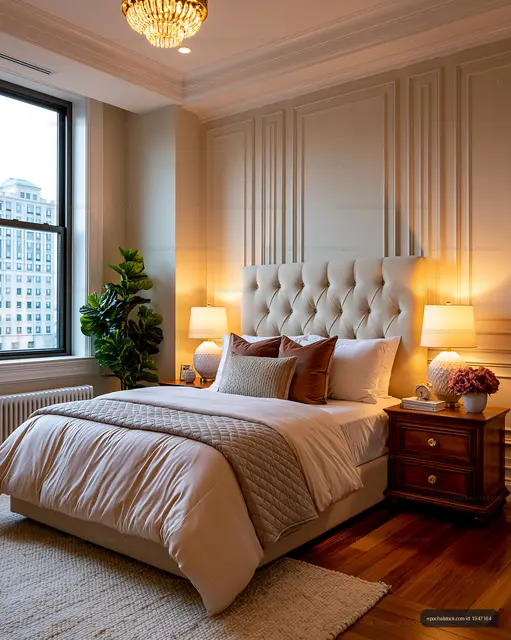 Cozy bedroom with soft lighting and modern decor
