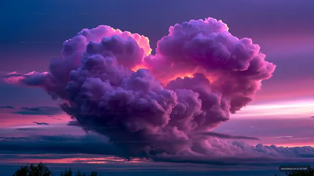 Heart-shaped cloud at sunset in purple and pink sky