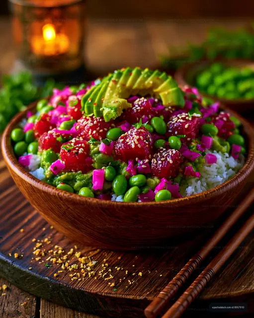 Colorful poke bowl with avocado and vegetables on wooden table