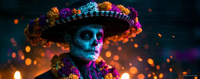 Skull masked man in a sombrero with marigold flowers at night