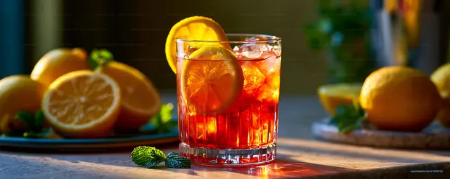 Refreshing cocktail with lemon slices and mint on a wooden table