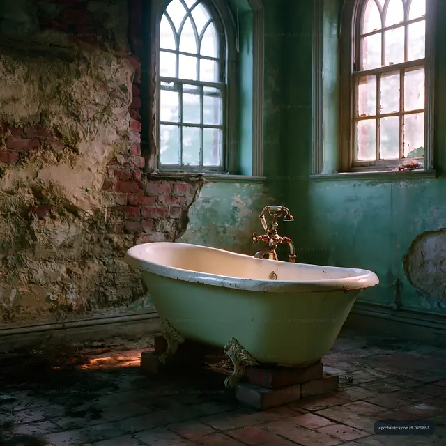 Old bathtub in a dilapidated room with peeling walls