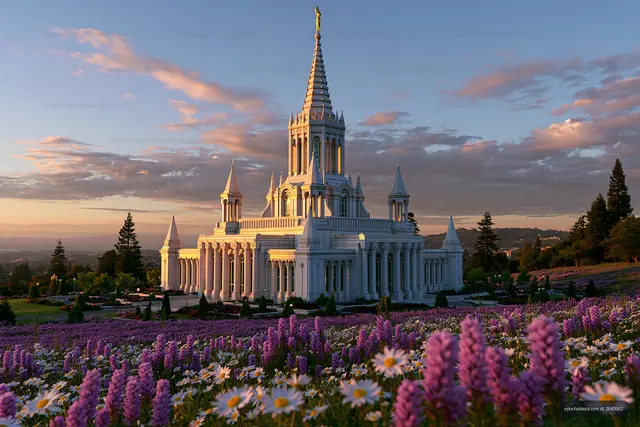 Majestic white building surrounded by purple flowers at sunset