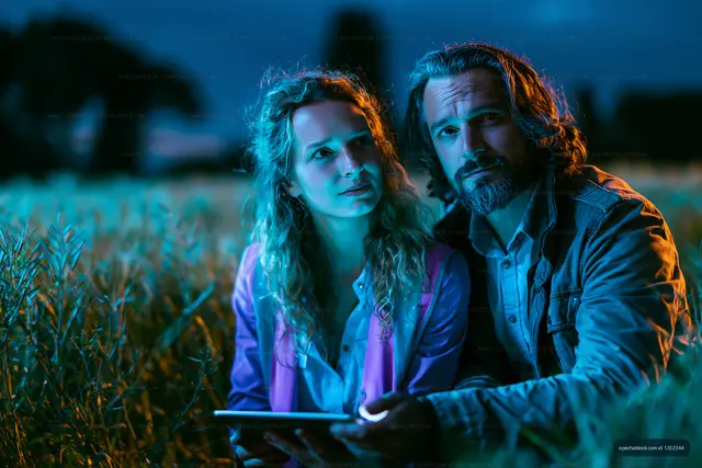 Couple sitting in a field at dusk looking at a tablet