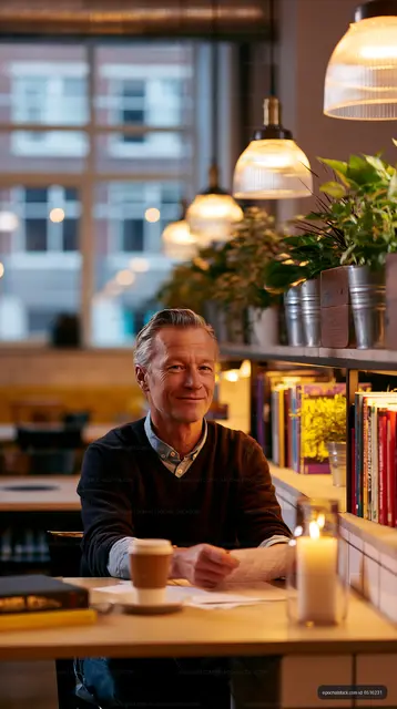 Older man sitting in a cafe with plants and books in view